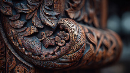 A detailed close-up of an intricately carved wooden decorative artwork featuring floral designs.