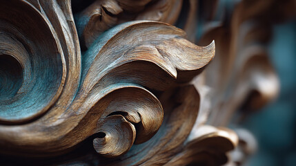 Intricate wooden carving displays artistic detail and textured surface, close-up.