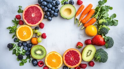Colorful fruits & veggies arranged,  kitchen countertop, healthy eating