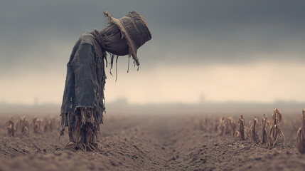 A solitary scarecrow stands guard in a vast, empty field beneath a cloudy sky, creating an atmospheric scene.
