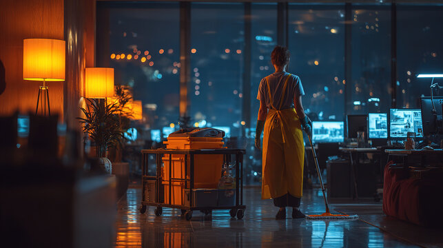 A cleaner works late into the night, tidying up the office space with a mop.