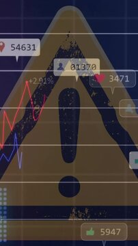 Animation of financial data processing over exclamation mark on yellow triangle road sign