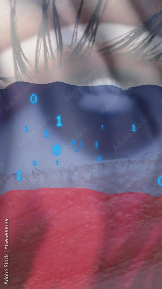 Poster binary code animation over close-up of eye with russian flag colors