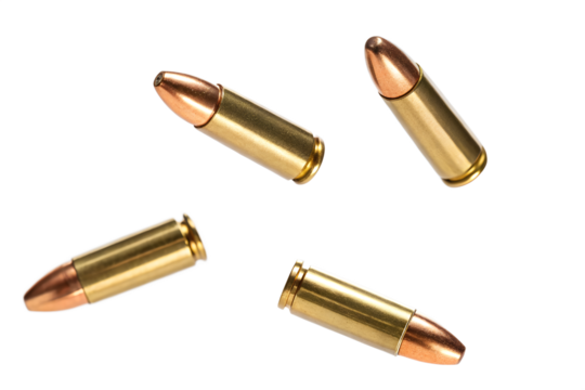 Close-up of Four 9mm Bullets Isolated on White Background