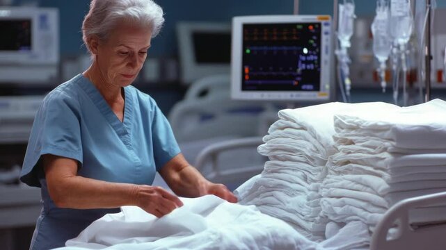 A woman in a blue scrubs is folding a white sheet. She is in a hospital setting