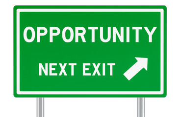 Opportunity next exit, road sign, green highway direction. 3D rendering isolated on transparent...