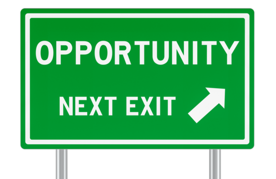 Opportunity next exit, road sign, green highway direction. 3D rendering isolated on transparent background
