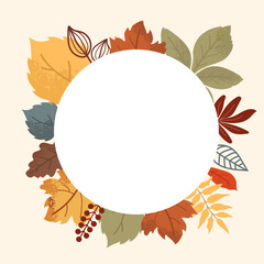 A circular background surrounded by a diverse array of colorful autumn leaves, ideal for adding text or images related to seasonal themes or fall festivities.