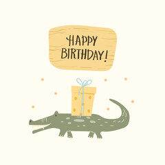 Colorful birthday card showcases a crocodile carrying a present, celebrating a special day with a joyful Happy Birthday greeting above.  