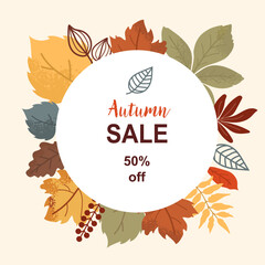 Autumn sale banner with a bright design depicting colorful leaves in shades of orange, yellow, and green gathered in a circle, 50% off seasonal items.