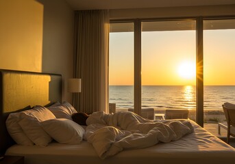 해변이 보이는 호텔방에서 잠을 자고 있는 모습