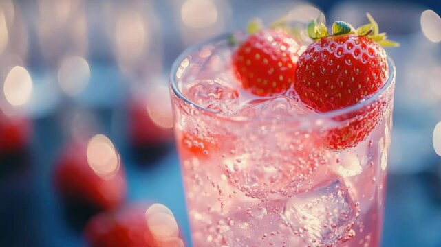 Fresh pink beverage with strawberries floating on top, served in a stemmed glass with ice cubes. Perfect for hot summer days or celebratory events.