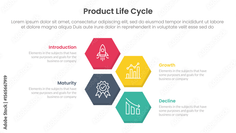 Poster product life cycle stages infographic 4 point stage template with vertical structure hexagonal hexag