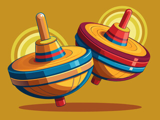 vector of Two separate wooden spinning heads for children's toy fun.