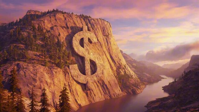 A giant $ sign carved into a mountain surrounded by pine trees and rivers, majestic national park atmosphere