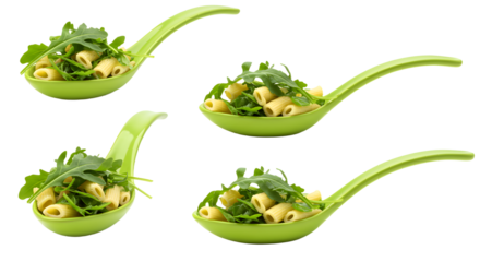 A vibrant display of fresh pasta with arugula served in modern green spoons, highlighting a contemporary dining experience