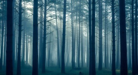 Naklejka premium Misty Pine Forest at Blue Hour