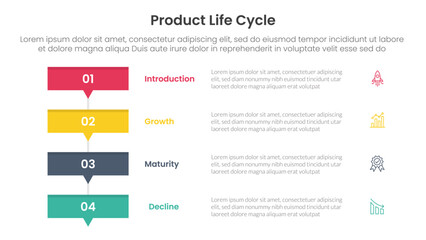 product life cycle stages infographic 4 point stage template with rectangle box stack with small arrow bottom for slide presentation