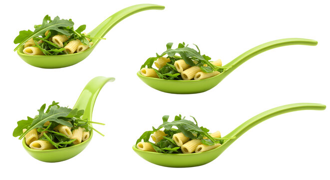 A vibrant display of fresh pasta with arugula served in modern green spoons, highlighting a contemporary dining experience