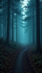 Fototapeta premium Eerie, misty path winding through a dark forest, suggesting a ghostly presence Perfect for Halloween, mystery, or fantasy themes The faint trail disappears into the shadows , fantasy, halloween, fog