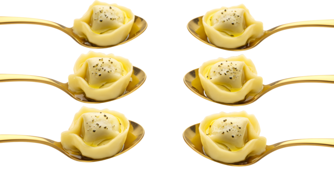 Elegant presentation of delicate pasta roses filled with cream and spices, arranged on golden spoons for a gourmet dining experience