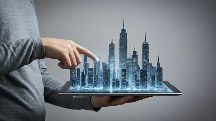 Augmented Reality City: A digital cityscape model is touched on a tablet, blending future technology with urban design innovation. - Powered by Adobe