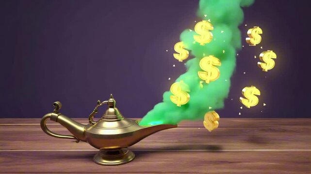 A glowing green smoke cloud emerging from a magic lamp with floating $ signs, animated swirl loop