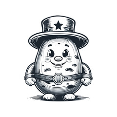 Obraz premium Cartoon potato character with hat and belt in monochrome vector illustration Happy face potato with American style hat and belt on black background