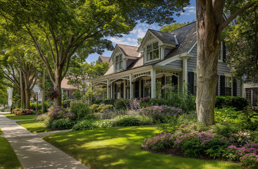 Photo of an elegant home with a vintage-style, beige exterior with white trim and red brick accents, 