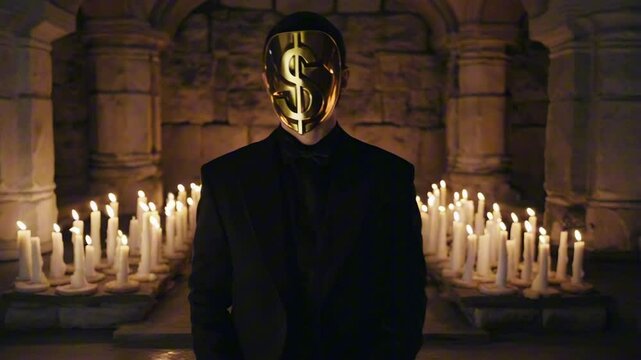 A figure wears a golden mask with a $ sign, surrounded by flickering candles, moody shadows