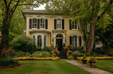 Obraz premium Photo of an elegant home with a vintage-style, beige exterior with white trim and red brick accents, 