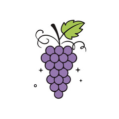 Fototapeta premium Cartoon Purple Grapes with Green Leaf and Whimsical Details on Black Background