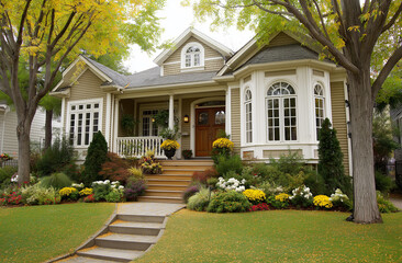 Naklejka premium Photo of an elegant home with a vintage-style, beige exterior with white trim and red brick accents, 