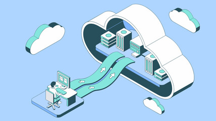 it specialist migrating data from desktop to cloud servers, isometric vector illustration for cloud computing, data migration and digital transformation