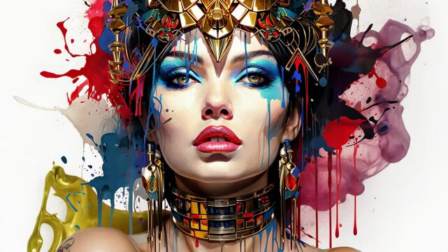 Queen of Colors: The portrait features a captivating woman adorned in a regal crown and vibrant makeup. Paint splatters create an artistic touch, adding dynamic flair to this creative image. 