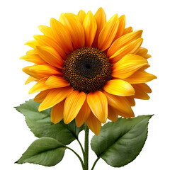Obraz premium Realistic 3D illustration of a vibrant sunflower with detailed petals and lush green leaves on a neutral background, perfect for summer, nature, and botanical designs.