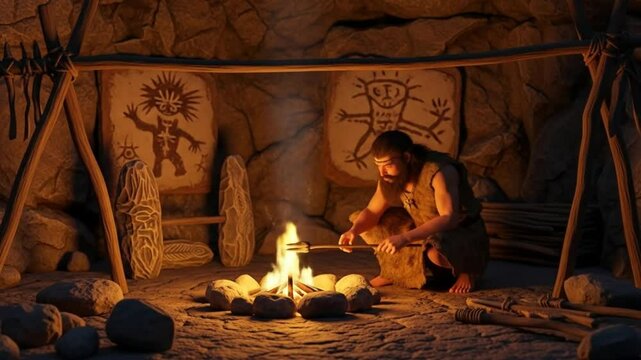 Caveman prepares food over a fire inside his cave with cave paintings