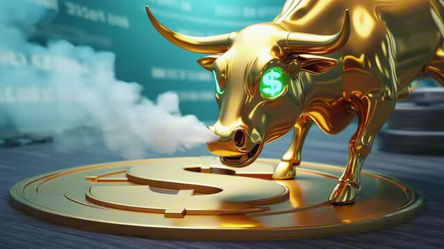 A golden Wall Street bull snorting smoke with glowing green $ eyes