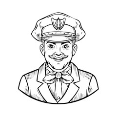 Illustration of Man in Captain's Hat with Bow Tie in Black and White Comic Book Style
