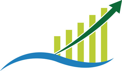 Business growth chart with upward green arrow and blue wave, success concept icon