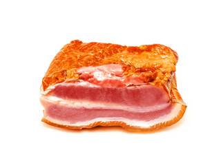 Traditional smoked pork ham on white background. Classic meat product ready to eat with layers of meat and fat and delicate flavor. Polish and East European popular meal.