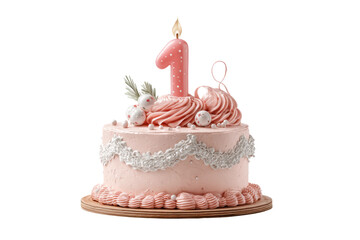 PNG Pink first birthday cake with candle on wooden stand