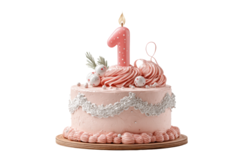 PNG Pink first birthday cake with candle on wooden stand