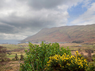 Irish nature in Connemara with mountain, valley, wild grass fields and lake, moody cloudy sky. Popular tourist area in Ireland with amazing scenery view and narrow roads.