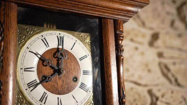 Close up of an antique grandfather clock with roman numerals and wooden frame