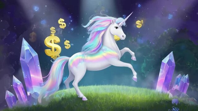 A glowing white unicorn with glowing golden $ signs that drift and multiply in the air, fairytale background, dreamlike loop