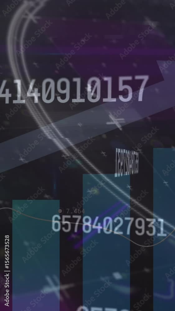 Poster multiple changing numbers floating against statistical data processing on blue background