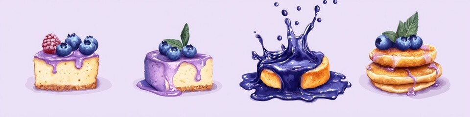 Cutout of set of 4 subjects: blueberry syrup splashing onto cheesecake, French toast, and pancakes, isolated on soft purple background