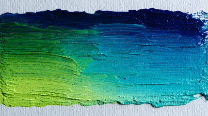 A gradient of colors from yellow-green to dark blue, painted with thick brushstrokes on white paper.