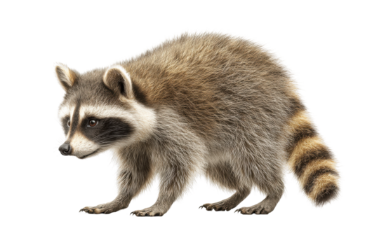 PNG Curious raccoon with bushy fur and striped tail on white background
